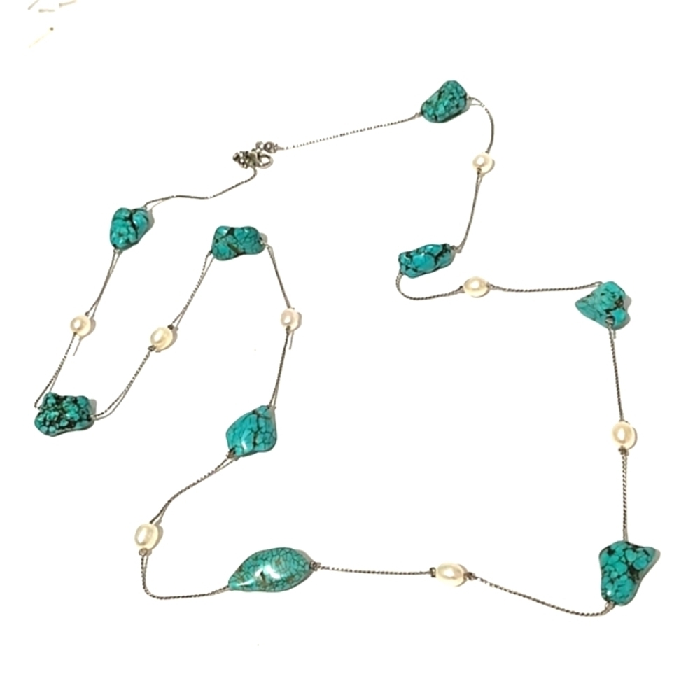 VINTAGE FAUX TURQUOISE NUGGET IVORY PEARL SILVER-TONE 34" NECKLACE